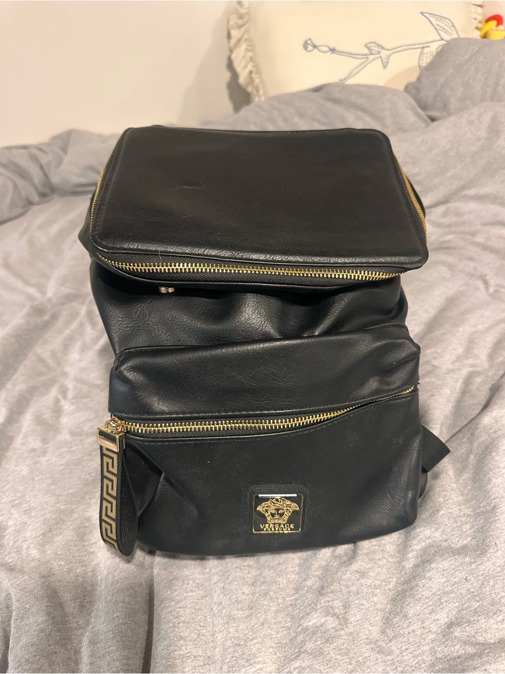 Versace Black Faux Leather Backpack with Gold Hardware